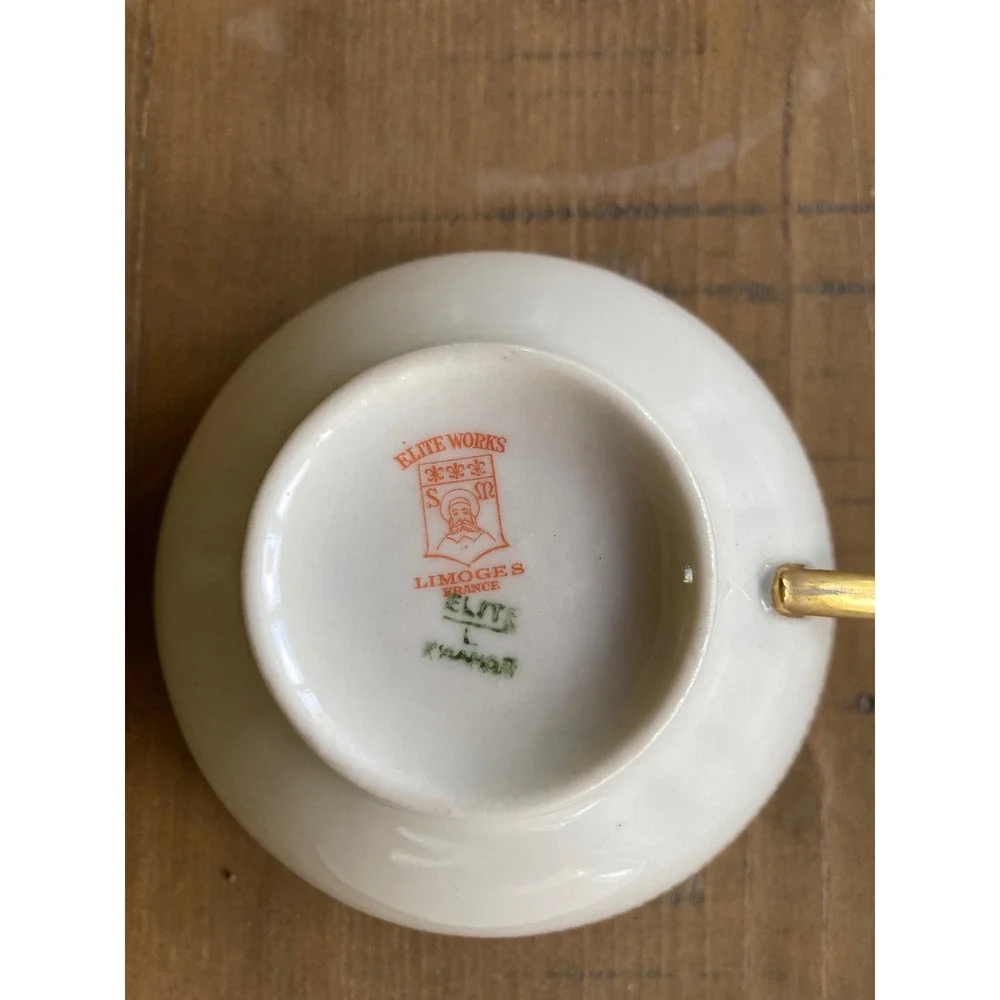 Elite Works Limoges France Teacup and Saucer Set Gold Floral Filigree Porcelain